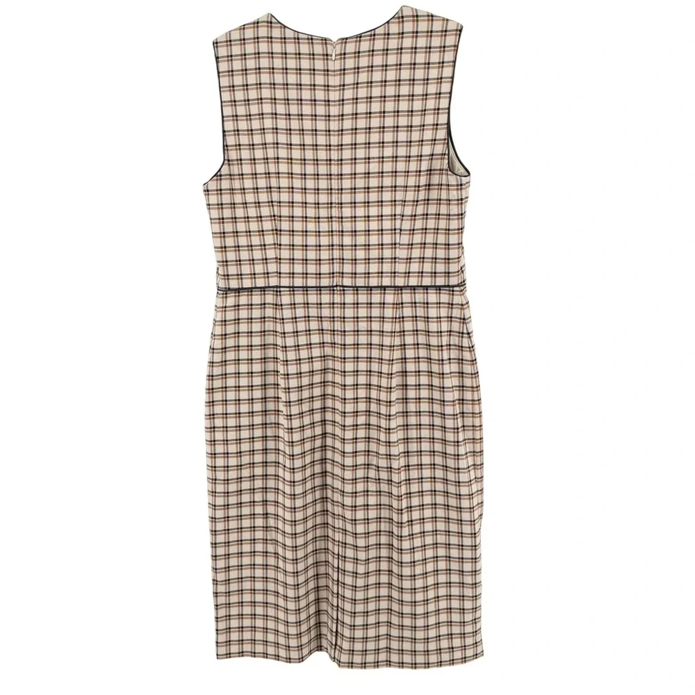Ann Taylor Sheath Dress Plaid Faux Leather Trim 12 Cream Brown Womens Career